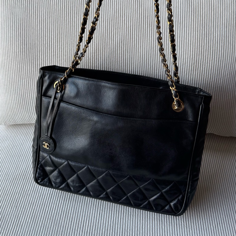 Chanel 皮革黑金肩背托特 老香-3
