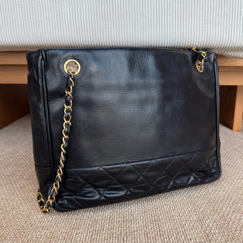 Chanel 皮革黑金肩背托特 老香-4