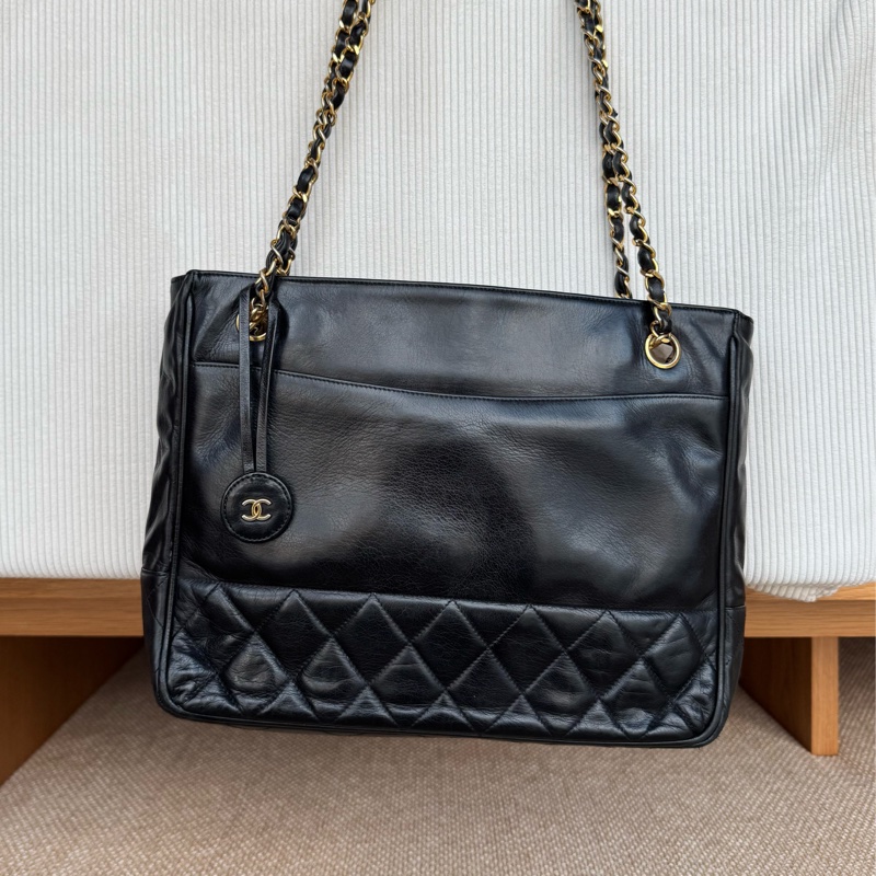 Chanel 皮革黑金肩背托特 老香-5
