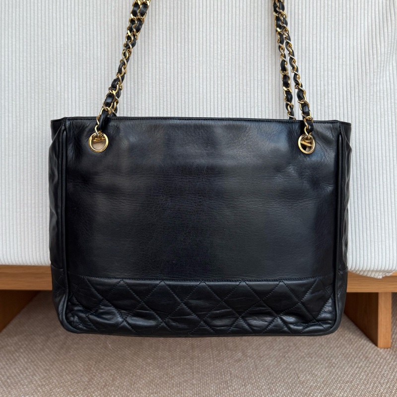 Chanel 皮革黑金肩背托特 老香-6
