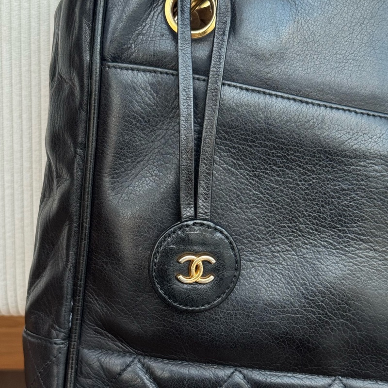 Chanel 皮革黑金肩背托特 老香-12