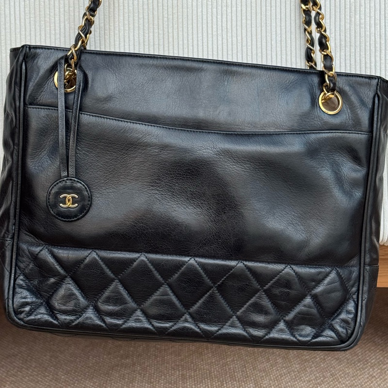 Chanel 皮革黑金肩背托特 老香-15