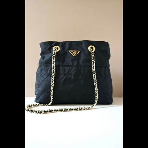 【LA LUNE】稀有古董包 Prada黑金色鏈子托特包 側背包 斜背包 單肩包 中古包