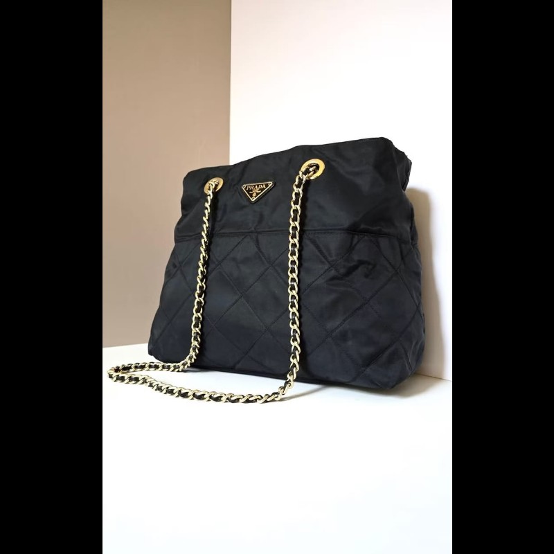 【LA LUNE】稀有古董包 Prada黑金色鏈子托特包 側背包 斜背包 單肩包 中古包-1
