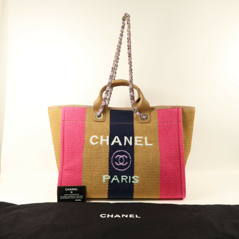 CHANEL Raffia Striped Straw Raffia Deauville Tote金扣手挽肩背兩用袋-9