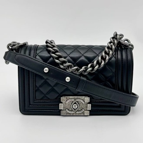 「JL精品代購」香奈兒黑銀小號羊皮leboy翻蓋鏈條斜挎包