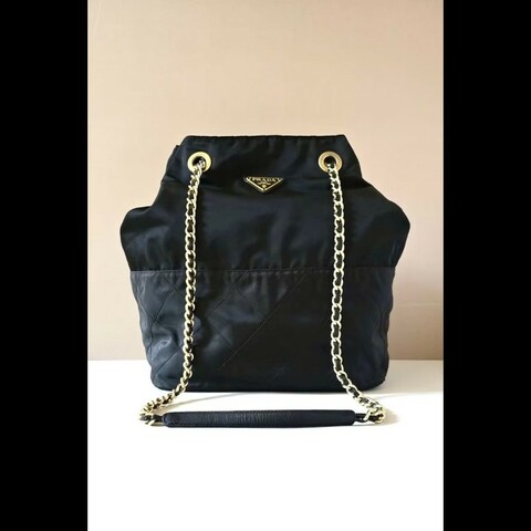 【LA LUNE】絕版古董包 兩用Prada黑金鏈子水桶包 側背包 單肩包 托特包 中古