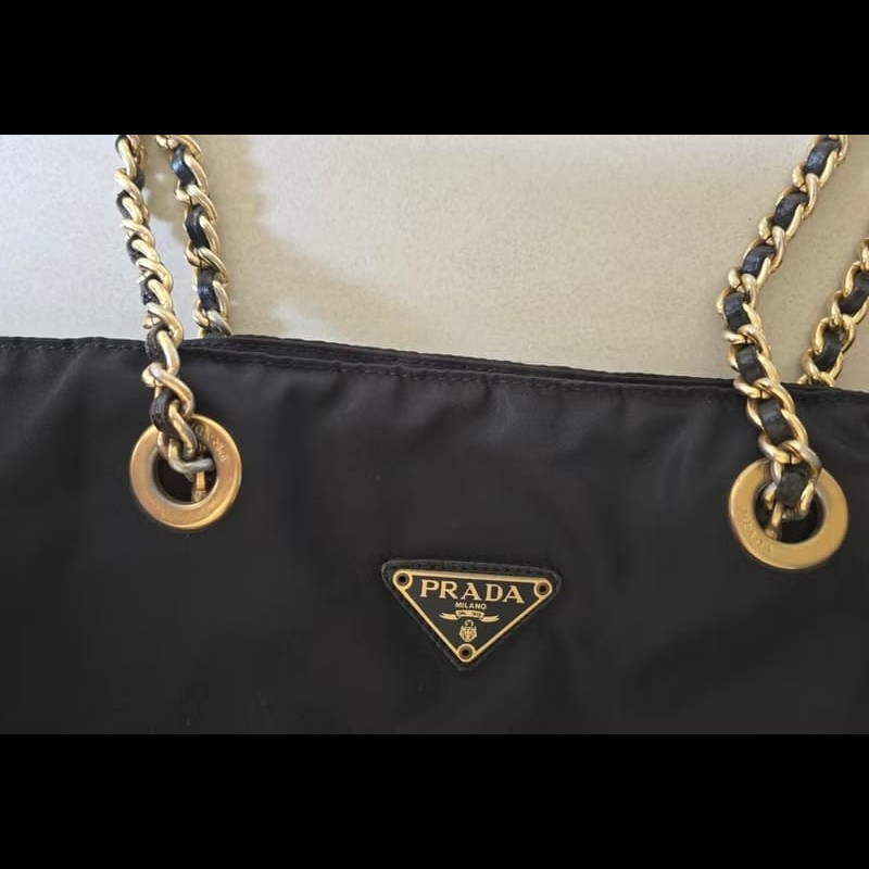 【LA LUNE】絕版古董包 兩用Prada黑金鏈子水桶包 側背包 單肩包 托特包 中古-7