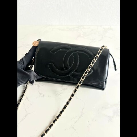 【LA LUNE】稀有中古包 Chanel 黑金色連鏡子斜背包 單肩包 側背包 古董包