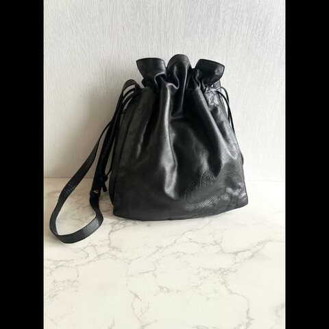 【LA LUNE】絕版中古包 Loewe黑色納帕皮革抽繩包 側背包 斜背包 單肩包 二手
