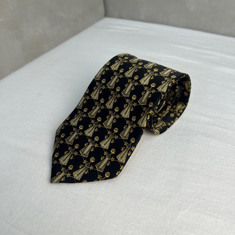Lanvin 黑色復古風幾何圖案領帶 領結 絲綢（中古）-0