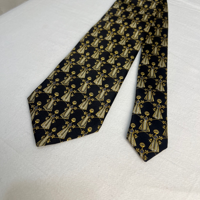 Lanvin 黑色復古風幾何圖案領帶 領結 絲綢（中古）-1