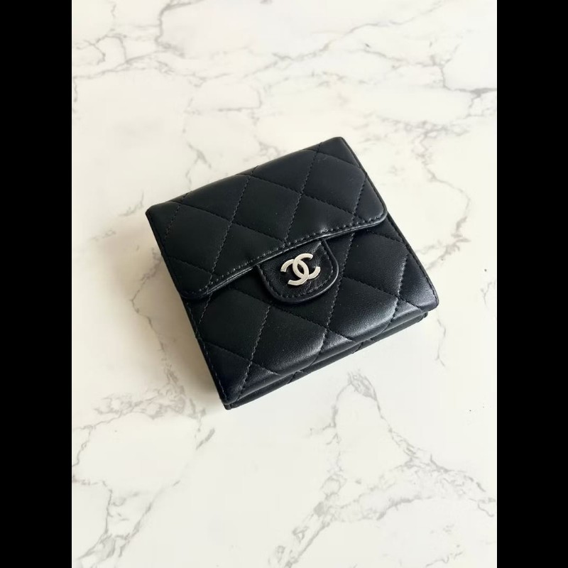 【LA LUNE】中古Chanel雙面黑銀色小羊皮革短夾 皮夾 錢包 中夾 二手古董包-0