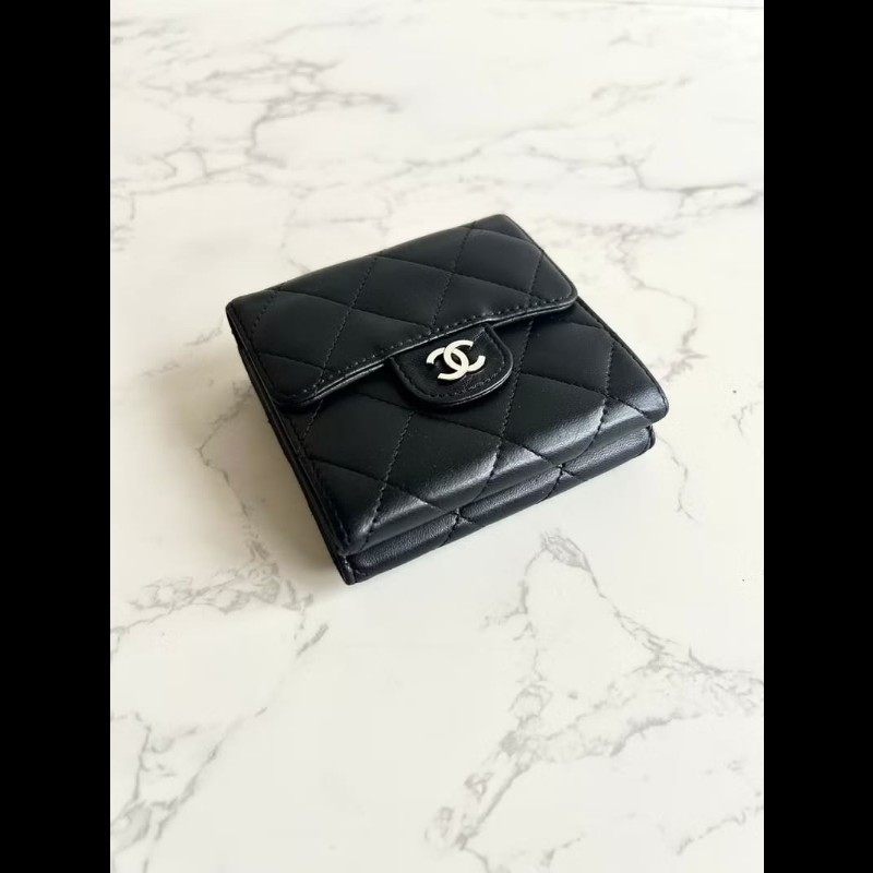【LA LUNE】中古Chanel雙面黑銀色小羊皮革短夾 皮夾 錢包 中夾 二手古董包-1