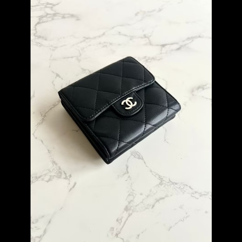 【LA LUNE】中古Chanel雙面黑銀色小羊皮革短夾 皮夾 錢包 中夾 二手古董包-2