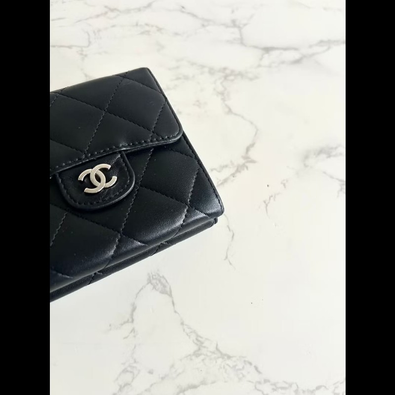 【LA LUNE】中古Chanel雙面黑銀色小羊皮革短夾 皮夾 錢包 中夾 二手古董包-3