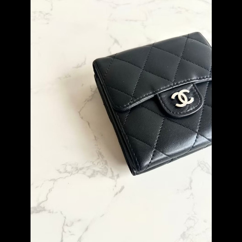 【LA LUNE】中古Chanel雙面黑銀色小羊皮革短夾 皮夾 錢包 中夾 二手古董包-5