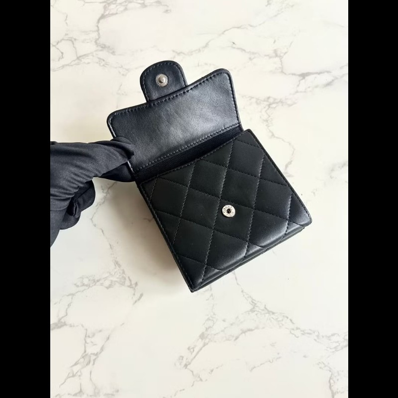 【LA LUNE】中古Chanel雙面黑銀色小羊皮革短夾 皮夾 錢包 中夾 二手古董包-7
