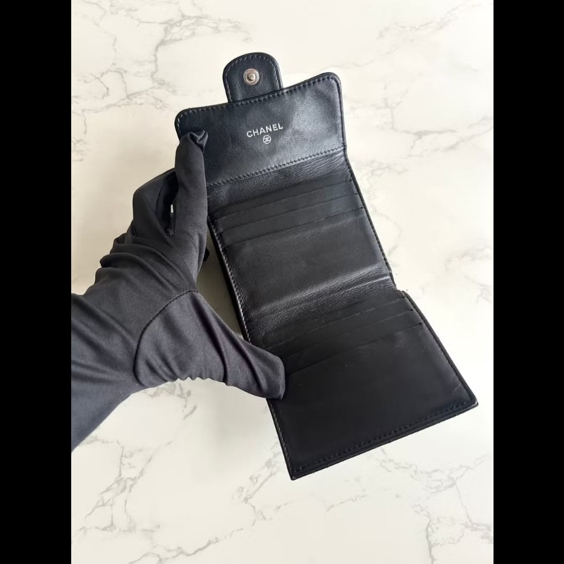 【LA LUNE】中古Chanel雙面黑銀色小羊皮革短夾 皮夾 錢包 中夾 二手古董包-8
