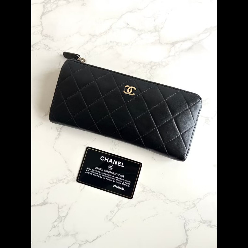 【LA LUNE】稀有中古包 Chanel黑金色小羊皮革長夾 皮夾 錢包 二手包 古董包-0