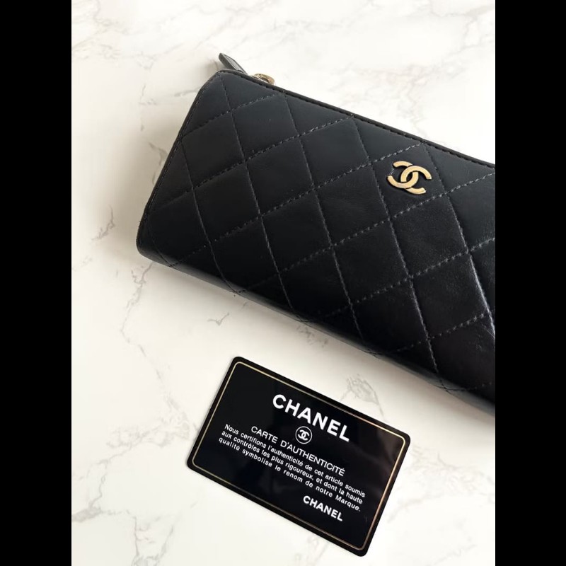 【LA LUNE】稀有中古包 Chanel黑金色小羊皮革長夾 皮夾 錢包 二手包 古董包-2