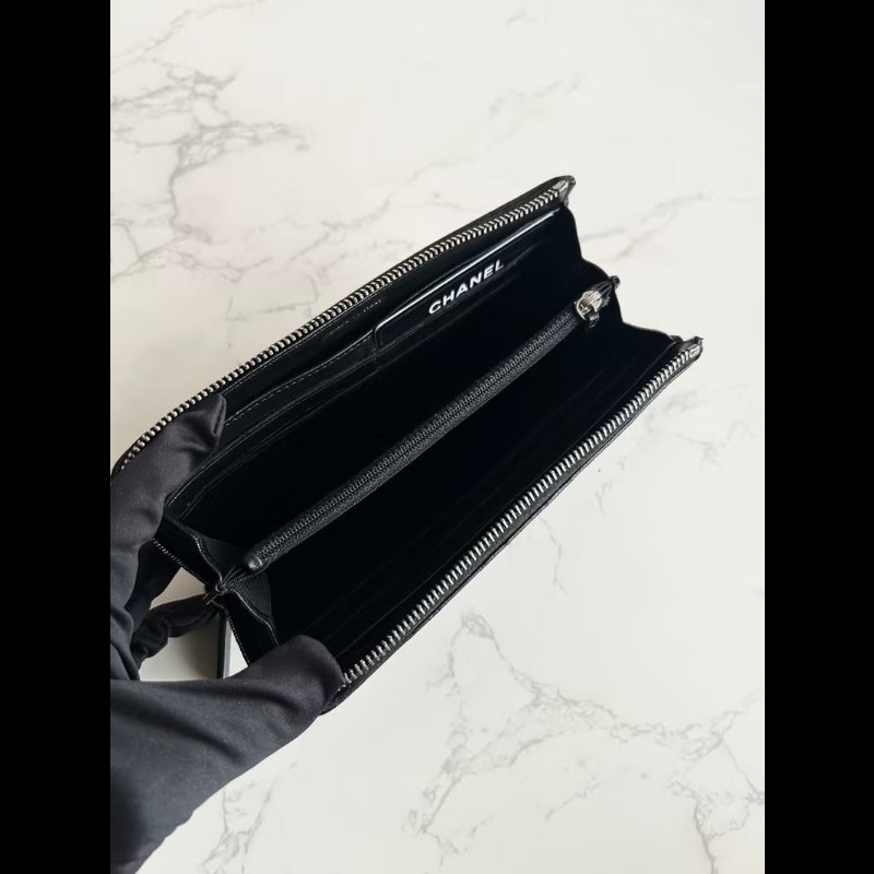 【LA LUNE】稀有中古包 Chanel黑金色小羊皮革長夾 皮夾 錢包 二手包 古董包-5