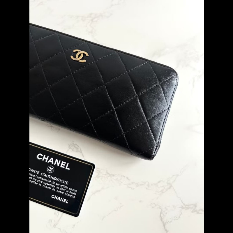 【LA LUNE】稀有中古包 Chanel黑金色小羊皮革長夾 皮夾 錢包 二手包 古董包-7