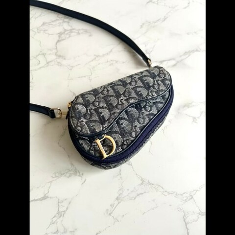 【LA LUNE】稀有中古包 Dior深藍老花馬鞍包 單肩包 側背包 斜背包 古董二手