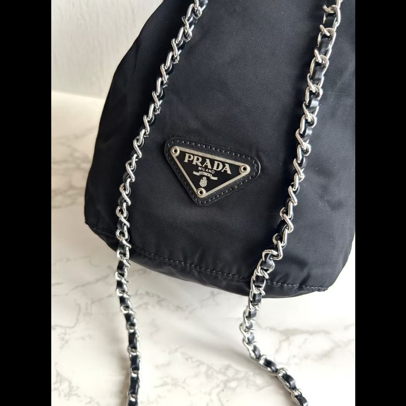 【LA LUNE】中古包 Prada黑銀鏈子迷你水桶包 側背包 斜背包 單肩包 二手包-1
