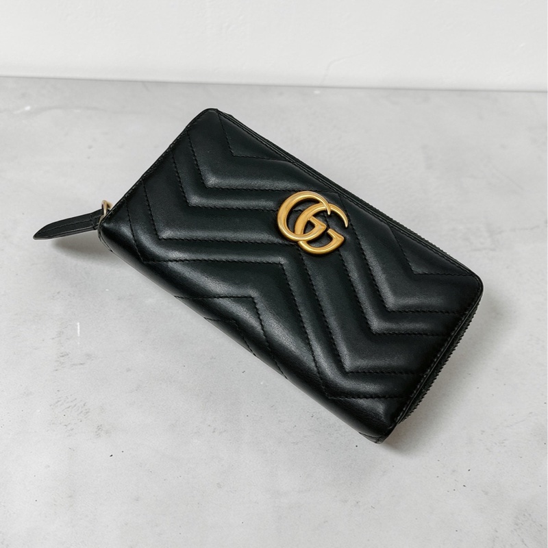 莉亞精品♡Gucci 443123 馬夢ㄇ拉長夾 黑金 二手-0