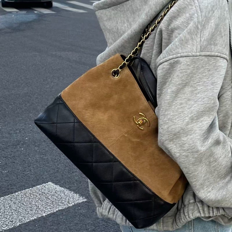 「JL精品代購」全新未使用品  大全套 香奈兒25A拼色拼皮2way麂皮hobo-1