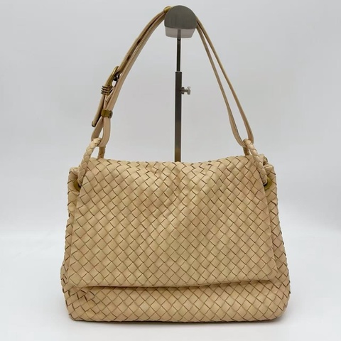 「JL精品代購」bottega veneta BV 奶茶色羊皮編織翻蓋腋下托特包