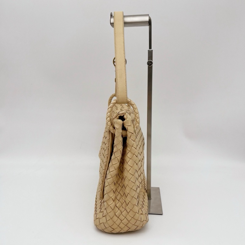 「JL精品代購」bottega veneta BV 奶茶色羊皮編織翻蓋腋下托特包-4