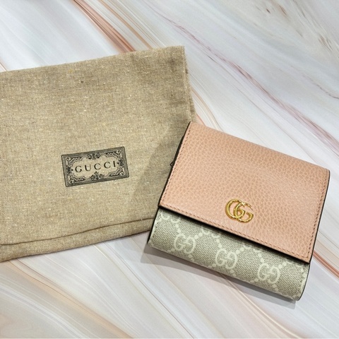 【GUCCI 古馳】GG Marmont 雙G LOGO牛皮拚布皮夾卡夾 短夾 米色 烏木色 粉色