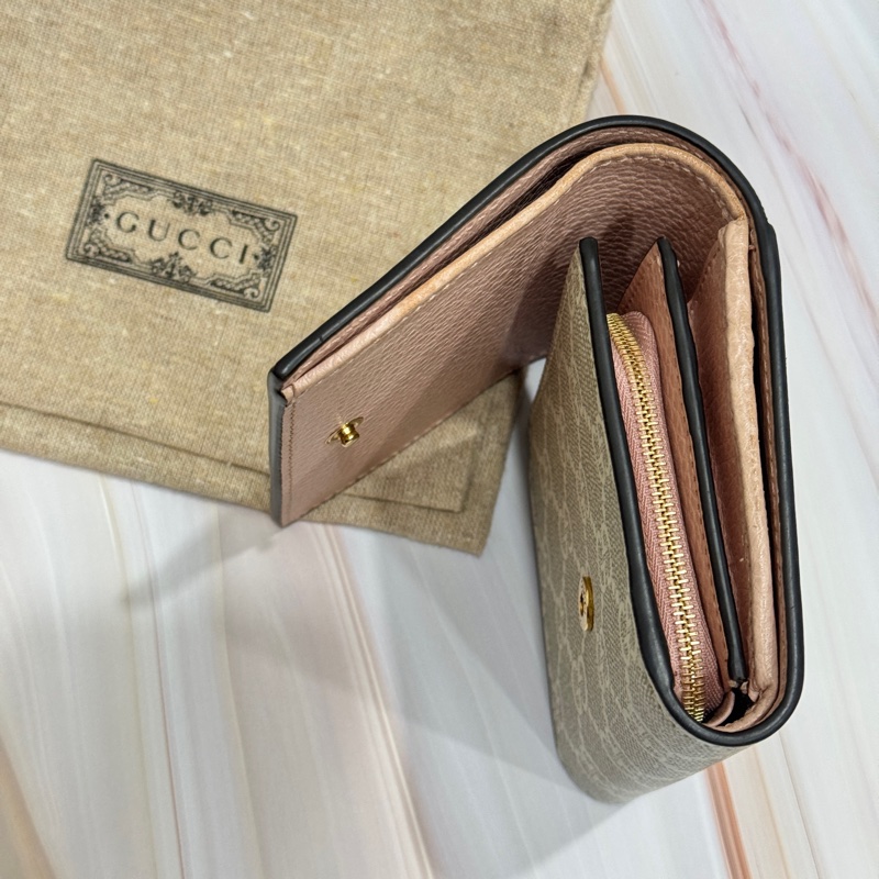 【GUCCI 古馳】GG Marmont 雙G LOGO 日本限定花色 牛皮拚布皮夾卡夾 短夾 米色 烏木色 粉色-1