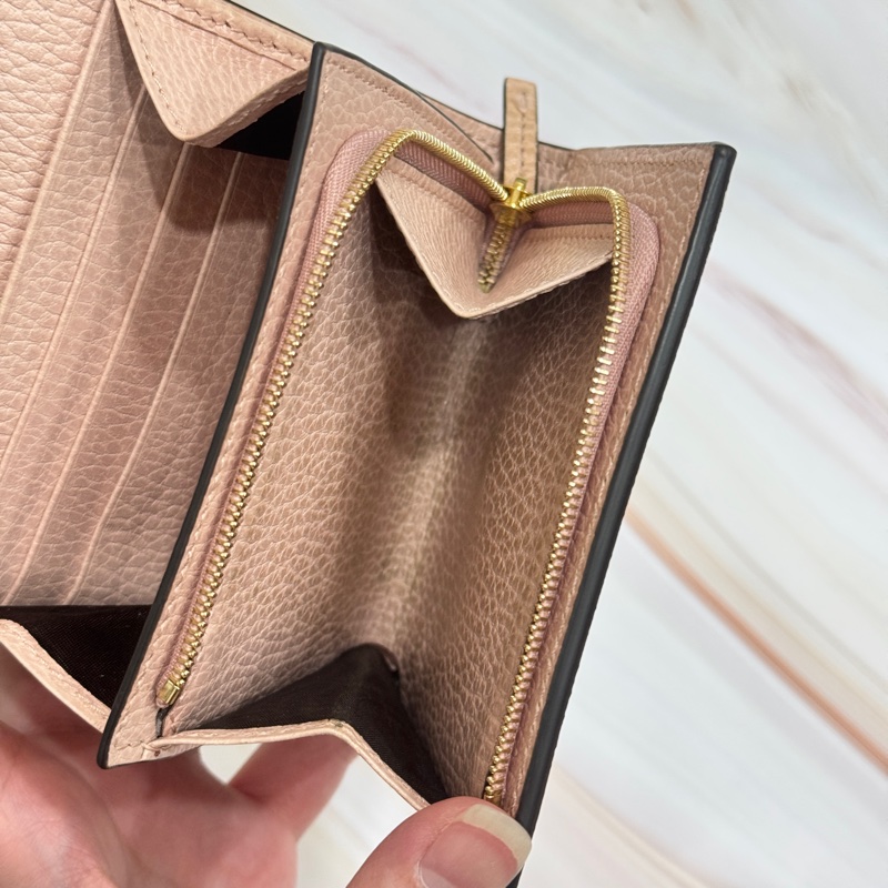 【GUCCI 古馳】GG Marmont 雙G LOGO 日本限定花色 牛皮拚布皮夾卡夾 短夾 米色 烏木色 粉色-2