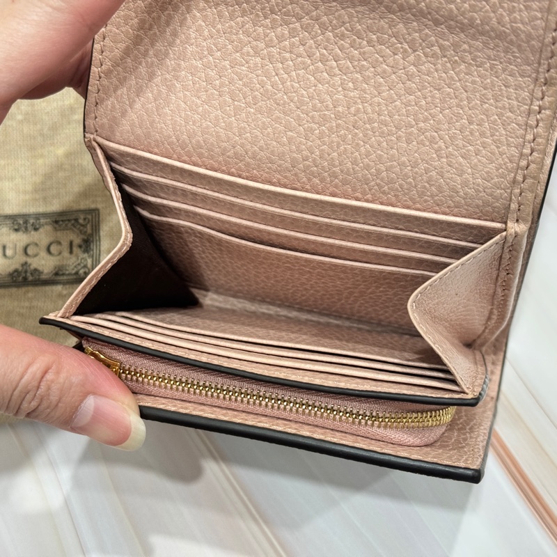 【GUCCI 古馳】GG Marmont 雙G LOGO 日本限定花色 牛皮拚布皮夾卡夾 短夾 米色 烏木色 粉色-3