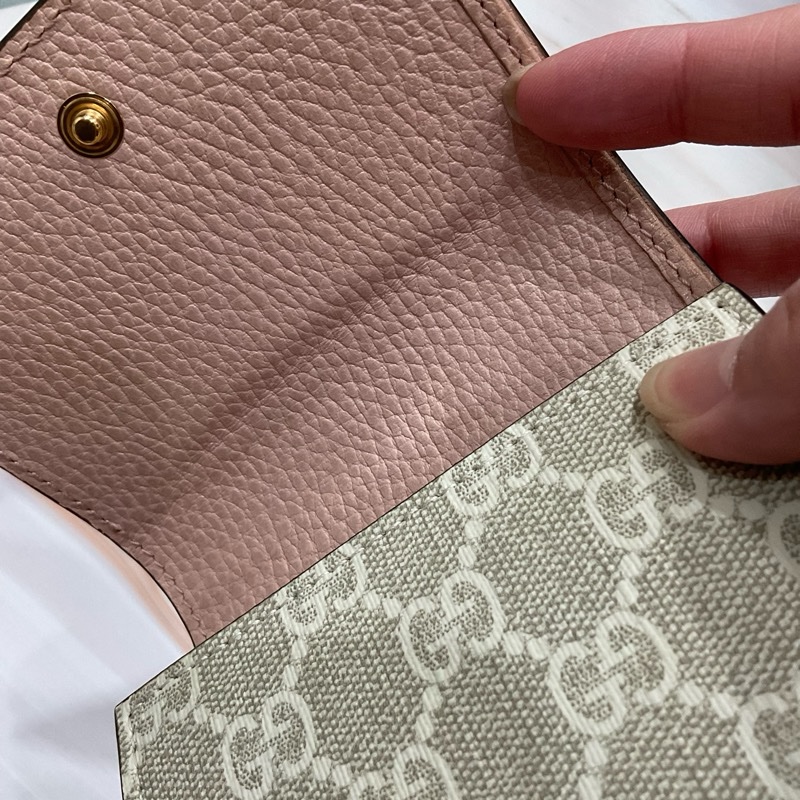 【GUCCI 古馳】GG Marmont 雙G LOGO 日本限定花色 牛皮拚布皮夾卡夾 短夾 米色 烏木色 粉色-5
