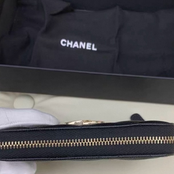 香奈兒黑荔枝閃鑽鴛鴦金釦大logo加大零錢包卡包-5