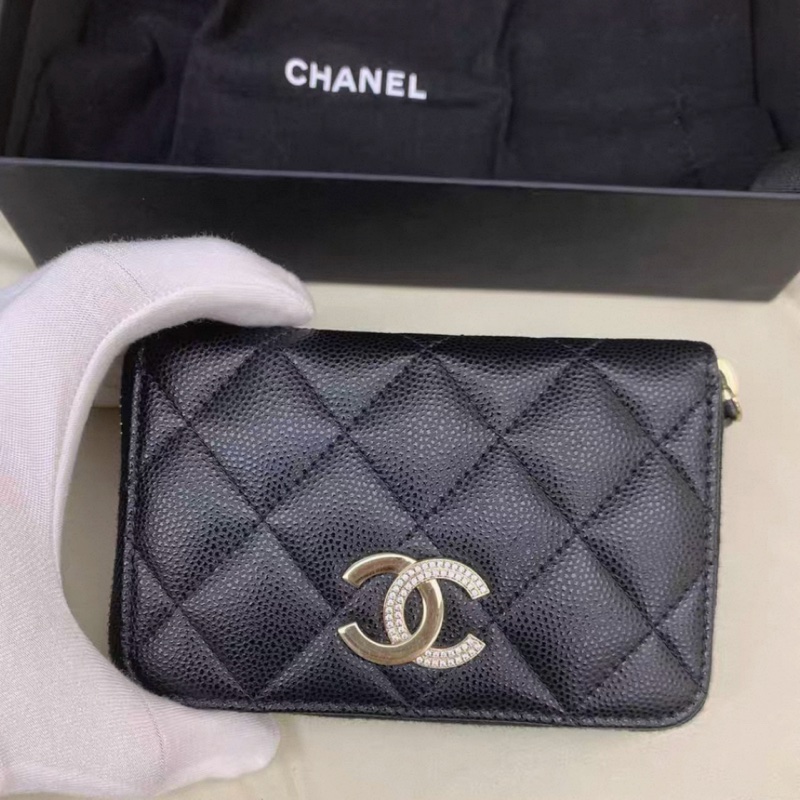 香奈兒黑荔枝閃鑽鴛鴦金釦大logo加大零錢包卡包-6