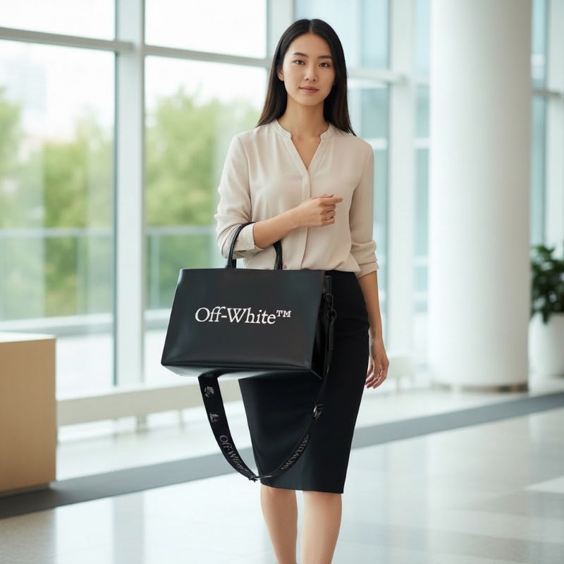 Off-White™ 黑色漆皮大容量硬底手提包/斜跨包 (34x23x14) 可放筆電iPad 不下垂 醒目LOGO 工業風背帶(108cm) Binder Clip 繫繩 個性時尚 百搭實用-4