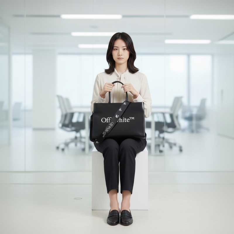 Off-White™ 黑色漆皮大容量硬底手提包/斜跨包 (34x23x14) 可放筆電iPad 不下垂 醒目LOGO 工業風背帶(108cm) Binder Clip 繫繩 個性時尚 百搭實用-6