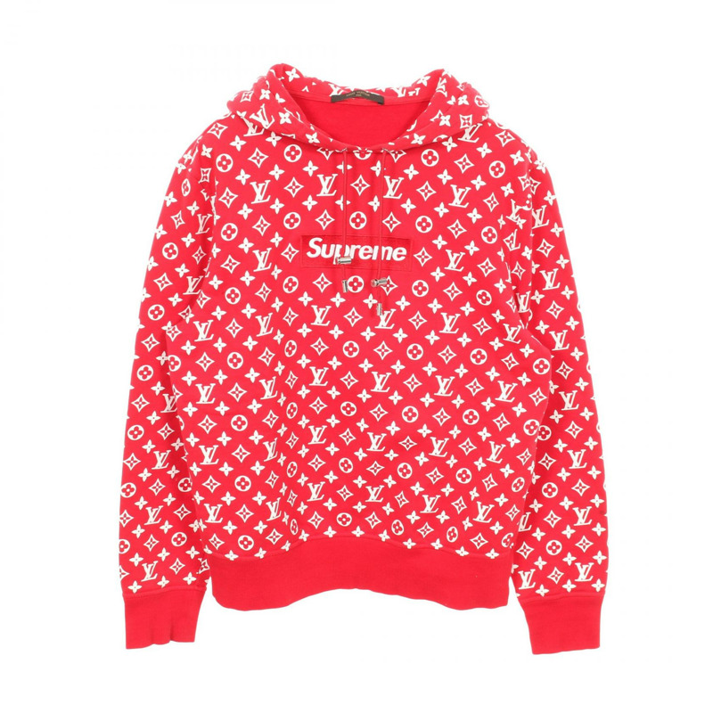 LOUIS VUITTON × Supreme 聯名款連帽衫,飾有 Box Logo,純棉材質,紅白配色,S 碼,二手,男女通用。 LV-0