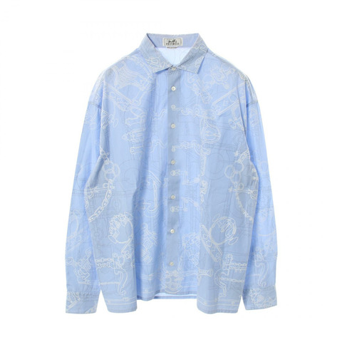 愛馬仕 Mors et Gourmettes 長袖襯衫，純棉，藍色，二手男款，#39，15 1/2