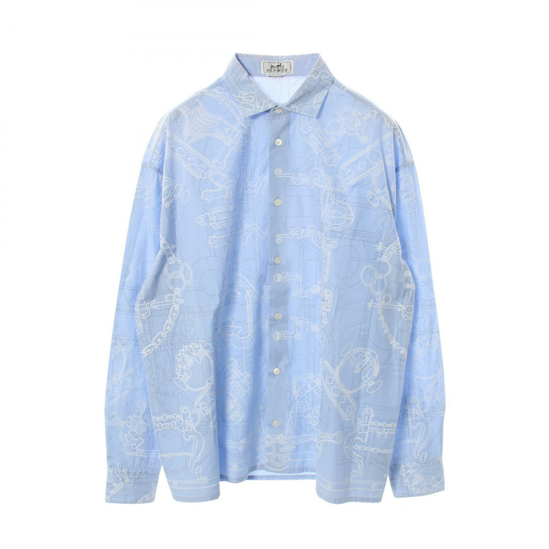 愛馬仕 Mors et Gourmettes 長袖襯衫,純棉,藍色,二手男款,#39,15 1/2-0