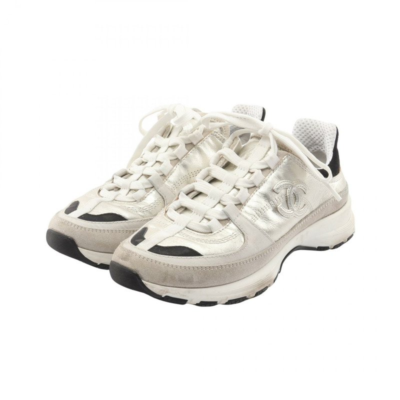 香奈兒 COCO 標誌運動鞋 G46609 皮革織物 銀白色 二手 #35-0