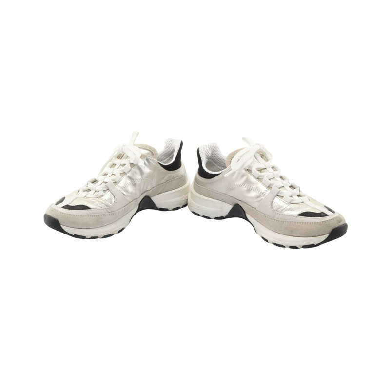 香奈兒 COCO 標誌運動鞋 G46609 皮革織物 銀白色 二手 #35-2