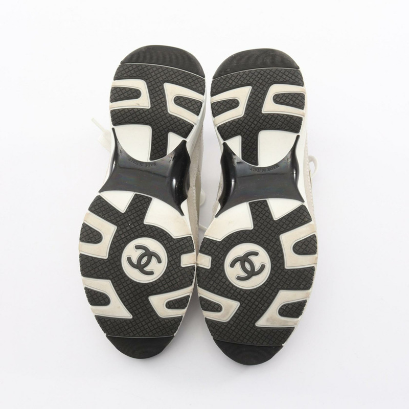 香奈兒 COCO 標誌運動鞋 G46609 皮革織物 銀白色 二手 #35-3