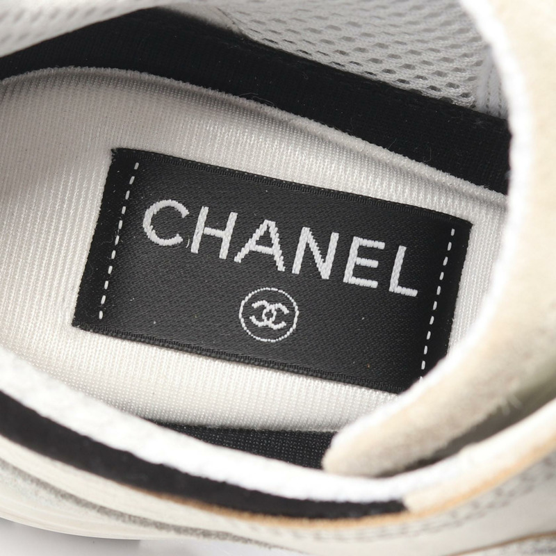香奈兒 COCO 標誌運動鞋 G46609 皮革織物 銀白色 二手 #35-4
