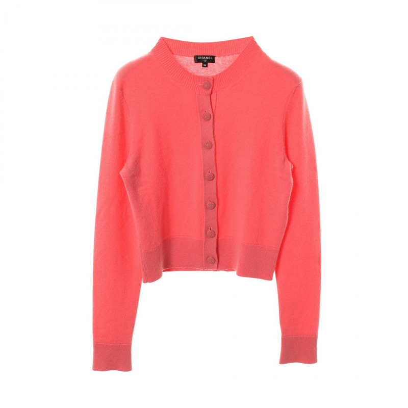 香奈兒 COCO 標誌紐扣開襟羊毛衫,粉紅色,二手,女款,36碼-0